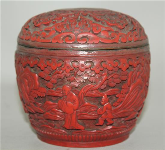 A Chinese cinnabar lacquer ovoid jar and cover, early 20th century, 10.5cm